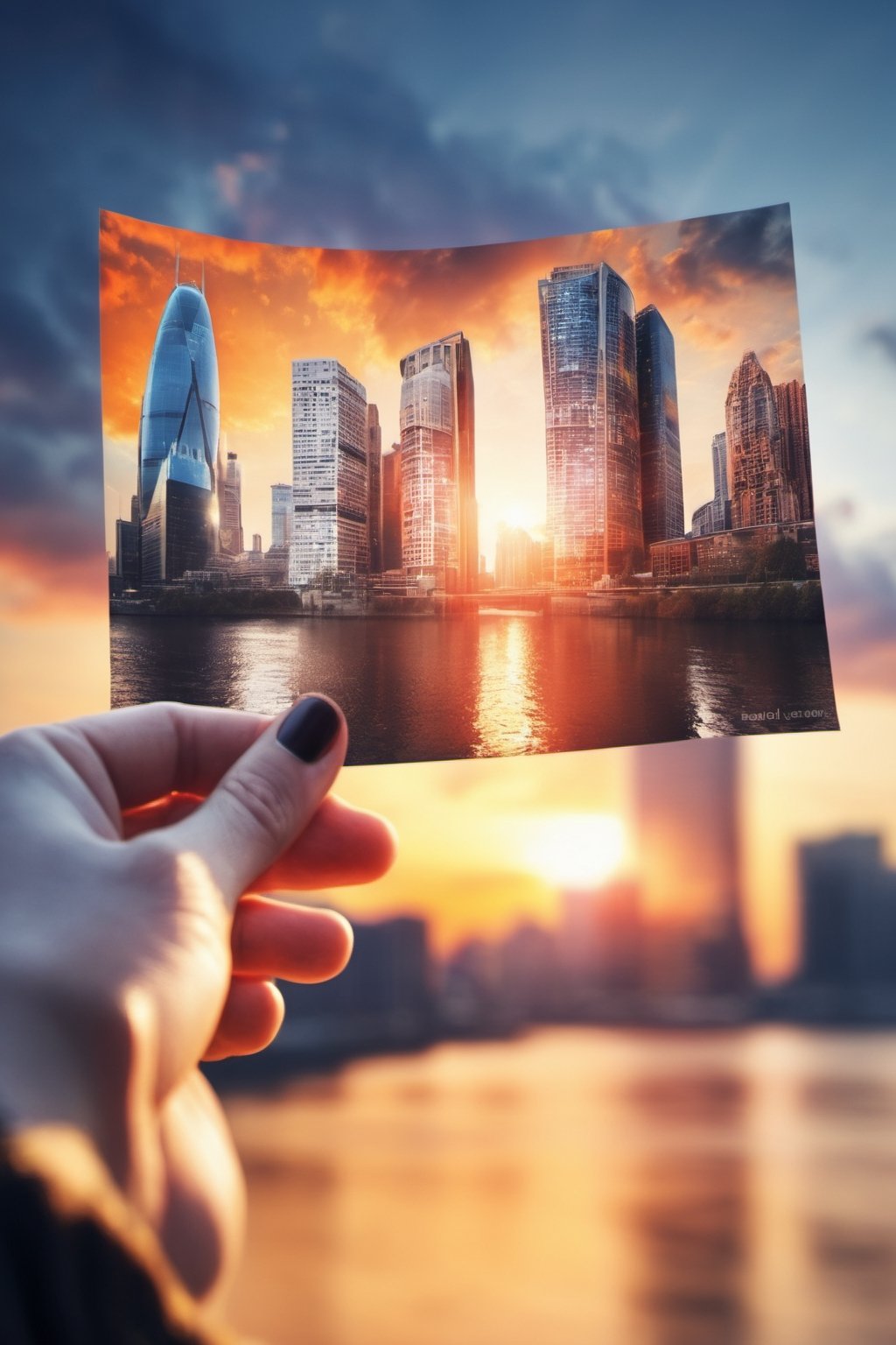 (women's hand, Holding a photo, the photo shows urban scenery, cityscape, city, scenery, building, sky, skyscraper, outdoors, sunset, watermark, science fiction, real world location, Megacity), Detailed Textures, high quality, high resolution, high Accuracy, realism, color correction, Proper lighting settings, harmonious composition, Behance works,photo r3al