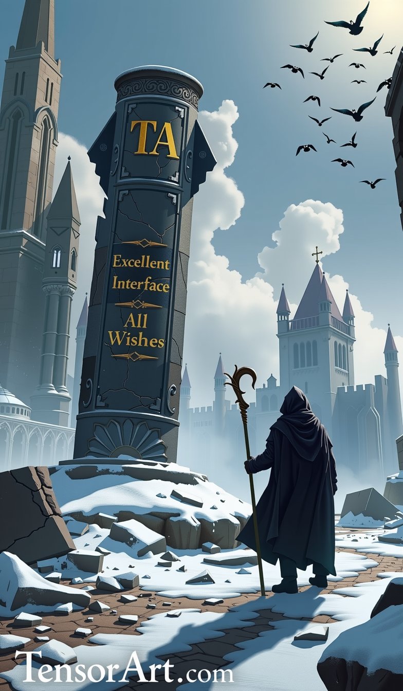 A fantasy art style digital painting depicts a mysterious and epic scene set in a snowy landscape of ancient ruins. The focal point is a large dark grey stone monument with intricate carvings and ornate designs on top, with the words "TA" vertically inscribed in the center in a bold golden serif font, followed below by the words "Excellent Interface" and "All Wishes" in smaller yellow letters. The monument stands tall with a weathered and cracked surface, its rough texture and fragmented base partially covered in snow. To the right of the monument, a cloaked figure wearing a black hooded garment stands with his back to the viewer, holding a curved handled staff. The figure's cloak flows dramatically, creating a sense of movement and adding depth to the scene. The ground is covered in snow and rubble, with scattered debris and jagged stone blocks visible. In the background, tall, ruined stone structures with Gothic and medieval architectural elements tower on either side, and a distant castle with a peaked roof is visible through the mist and haze. The sky is partly overcast, allowing sunlight to filter in and cast dramatic lights and shadows across the scene. A flock of birds fly in the upper right corner, adding to the sense of movement and scale. The overall color palette includes cool shades of sky blue, stone gray, and white, with high contrast and medium saturation, resulting in a balanced and visually striking composition that evokes a sense of mystery and adventure. In the lower right corner, the text "TensorArt.com" appears in white font against a gray background.