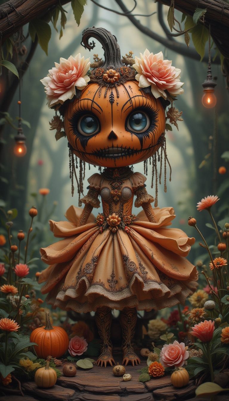 The artwork conjures a vision of a ghostly pumpkin bride, her visage marked by black tears and a tattered bridal gown. This scene is rendered with subtle illumination that enhances the horror, creating a dark and haunting atmosphere. The piece boasts a film grain texture, achieving a level of hyperrealism that is both ultra-detailed and luminous. Inspired by the styles of WLOP and Craola, it transports the viewer to a mystical wonderland filled with flowers, fantasy, and glitter. The complex background, dynamic lighting, and intricate pose contribute to a digital painting that is not only highly detailed and cute but also features delicate filigree work, showcasing the best quality of artistry.,VNS_Add more details,create figure 2,Flux