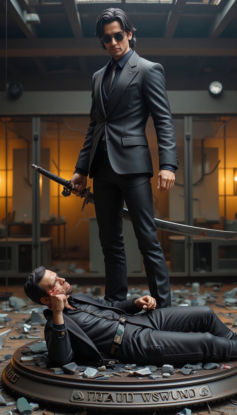 (Figure diorama that adds a cinematic sense of dynamism).Two characters stand out in an intense action scene set in a modern, minimalist interior with reflective glass walls and ceiling beams. The protagonist stands confidently in a sleek black suit consisting of a black jacket, matching trousers, shirt and tie, and black shoes with rugged soles. His shoulder-length dark hair frames his face, he wears slim Rodenstock sunglasses and looks into the camera with a look of stern concentration. In his right hand he holds tightly a curved silver samurai sword with a black handle, held horizontally so the blade reflects the light. His left hand is clasped close to his waist. The floor around him is covered with sharp shards of broken glass, creating an atmosphere of chaos. To the right of the protagonist lies a figure dressed in similarly dark clothing: a black leather jacket over a black shirt, black pants and black boots with rugged soles. The figure is lying on his back, holding a small knife or metal object in his right hand close to his head, and bruises and scratches are visible on his face and neck. His left arm is resting on the ground beside him. In the background is a large mirrored wall with a metal frame through which illuminated structures resembling columns and windows are visible, casting a warm yellow light on the scene. These reflections add depth and complexity to the setting, while also highlighting the high-tech nature of the location. The lighting is mostly dim artificial lighting from overhead, accentuating the dramatic atmosphere of the scene. The overall color palette includes dark slate gray, charcoal black, steel blue, midnight blue and golden yellow, contributing to a tense and suspenseful atmosphere typical of modern action films.,create figure 2,VNS_Add more details,Resin