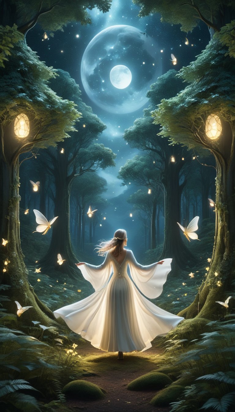 A mysterious moonlit forest, with towering trees looming like sentinels, their leaves rustling in the whisper-soft breeze. A lone figure, dressed in flowing white attire, stands at the edge of a clearing, arms outstretched as if embracing the night sky. The soft glow of fireflies dances around them, casting an ethereal light on the scene, capturing this strange and beautiful moment where reality blurs with fantasy, (Detailed Textures, high quality, high resolution, high Accuracy, realism, color correction, Proper lighting settings, harmonious composition, Behance works)