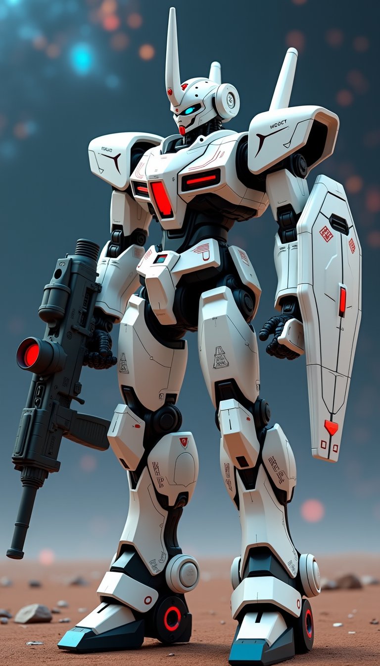 Highly detailed photo of a futuristic robot. It resembles a mobile suit-like humanoid mecha, standing out against the backdrop of a planet in a nebula galaxy. The robot is primarily white with black joints and glowing red accents around the joints throughout its body. The design features sharp lines and angular shapes, emphasizing a rigid structure with visible panel lines and mechanical details. The robot's head is tilted slightly forward, most notably a single long, white, horn-like antenna that extends upwards from the center of the head's forehead. The dark blue eyes are closed and have a concentrated expression. The arms are dynamically positioned. The right arm holds a dark gray sniper rifle-like weapon of intricate design with multiple parts, intricate details, and a long barrel that extends outwards. The left arm is at waist height and holds a large rectangular shield with subtle red patterns and geometric cutouts that match the robot's color scheme. The legs are sturdy and powerful, with thick soles and deep grooves, terminating in blue toe pads. The chest is inscribed with various technological marks and symbols, emphasizing the futuristic aesthetic. The entire robot is constructed from interlocking parts, creating a realistic and functional look. The lighting is even and bright, enhancing texture, color and detail without casting harsh shadows, ensuring every aspect of the robot is clearly visible. The entire composition is entirely focused on the robot, showcasing its advanced technology and combat readiness with a high-sensitivity shooting style.