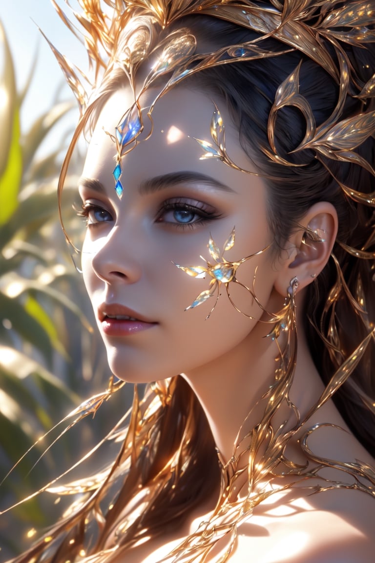 (Visionary art inspired by Alex Gray, shadow and light, women and plants, crystal glass and metal, beautiful pieces never seen before, close-up), Unreal Engine, octane rendering, high quality, high resolution, high precision, realistic, color correction, good lighting settings, low noise, sharp edges, harmonious composition,High detailed ,1 girl,glowing forehead,beautyniji,