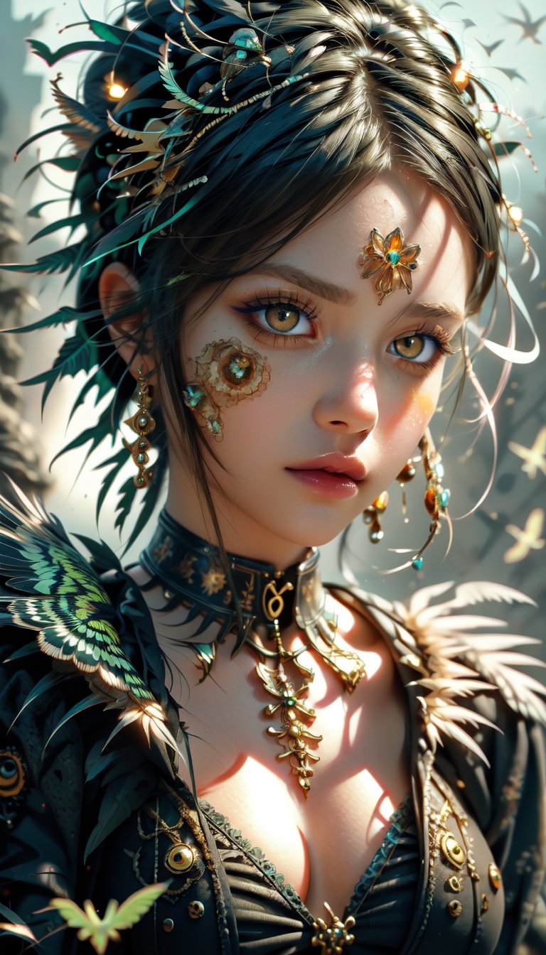 (1girl, creates beautiful women with the theme of "BirdPunk"), Detailed Textures, high quality, high resolution, high Accuracy, realism, color correction, Proper lighting settings, harmonious composition, Behance works,1 girl,milf,Detailedface,Gothic