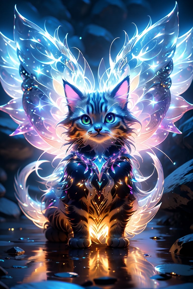 (KAWAII, a holographic cat-like creature with sparkling fine scales, a fantasy creature, a cute creature with fluorescent wings), detailed texture, high quality, high resolution, high resolution, accuracy, realism, color correction, proper lighting settings, low noise, sharp edges, harmonious composition,cat