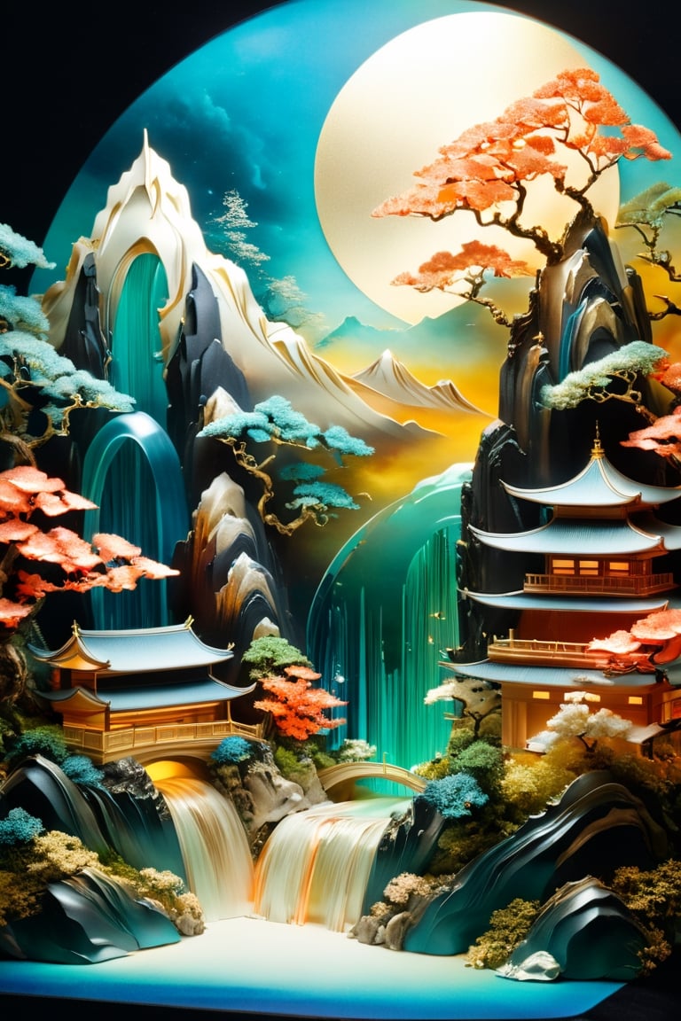 (Esoteric landscape of Hokusai and Anne Bachelier, Elpis, chemiluminescence, Art Nouveau, bright colors, kaleidoscope and prismatic effects, optical illusions 3D art), Detailed Textures, high quality, high resolution, high Accuracy, realism, color correction, Proper lighting settings, harmonious composition, Behance works,diorama