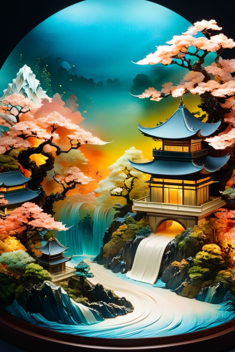 (Esoteric landscape of Hokusai and Anne Bachelier, Elpis, chemiluminescence, Art Nouveau, bright colors, kaleidoscope and prismatic effects, optical illusions 3D art), Detailed Textures, high quality, high resolution, high Accuracy, realism, color correction, Proper lighting settings, harmonious composition, Behance works,diorama