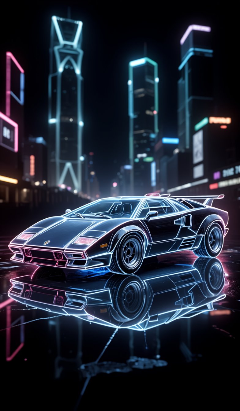 The silhouette of the Lamborghini Countach is rendered in neon, with only the outline of the silhouette expressed. The colorless body is illuminated with neon tube lights, shining brightly with a neon intensity of 1.4, with the city night view as the background.,hologram