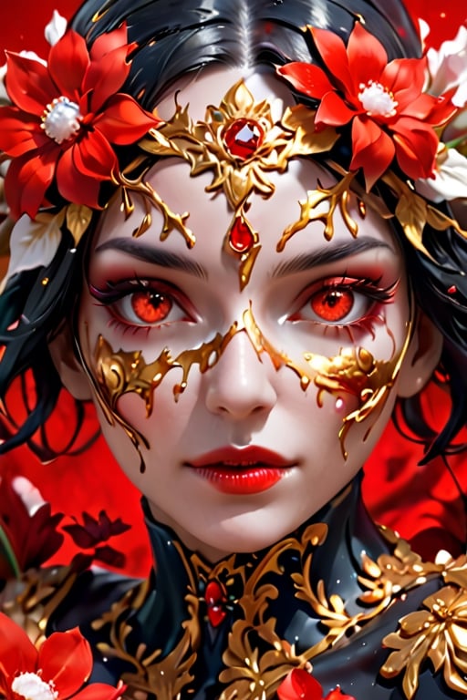 (Close-up shot of an amazingly beautiful woman, gold and black, bright red covering her eyes, flowers made of icing melting over her eyes, amazing fantasy style), Detailed Textures, high quality, high resolution, high Accuracy, realism, color correction, Proper lighting settings, harmonious composition, Behance works