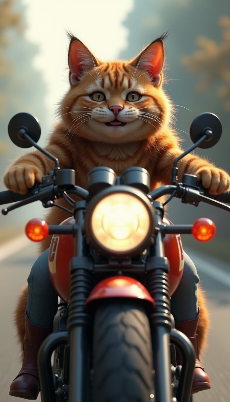 (An anthropomorphic Norwegian Forest Cat happily riding a large motorcycle), (f1.4, Canon EOS, SIGMA Art Lens 35mm F1.8, ISO 200 Shutter Speed 2000), Unity, Unreal Engine, High Technology, Octane Rendering, Ultra High Quality, Ultra High Resolution, Ultra High Quality, Ultra Realistic, Color Correct, Good Lighting Settings, Good Composition, Very Low Noise, Sharp Contours, Harmonious Great composition, precise and detailed drawing