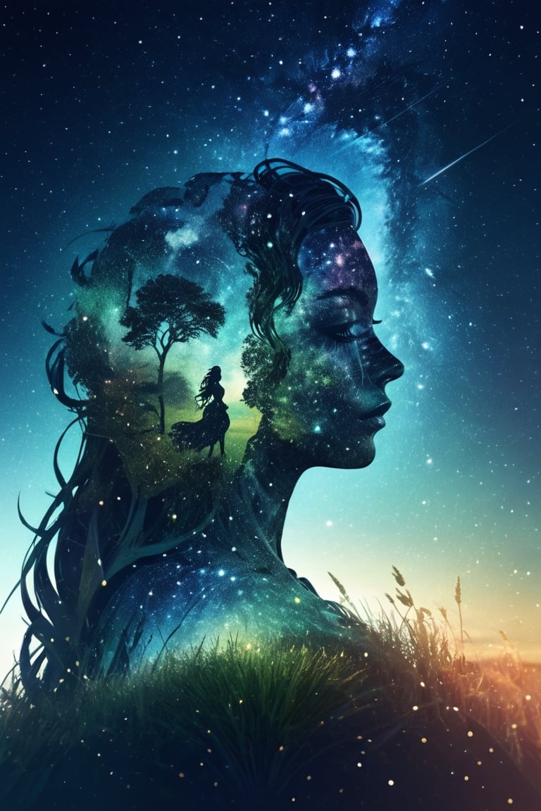 (Double exposure, beautifully designed goddess silhouette and grassland and galaxy, minimalist, crisp lines, awesome full color,Enhanced All), Detailed Textures, high quality, high resolution, high Accuracy, realism, color correction, Proper lighting settings, harmonious composition, Behance works