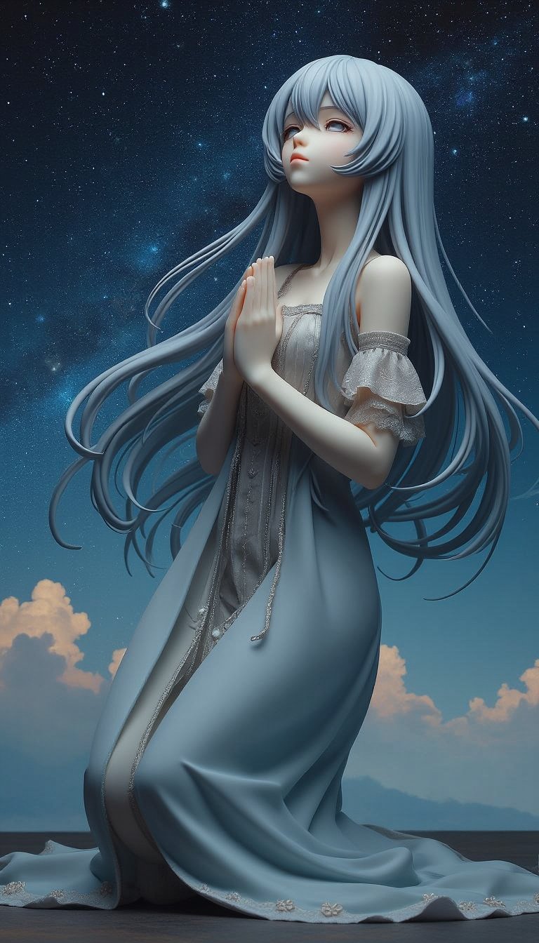 Dedicated to Reiji Matsumoto. A mysterious woman with a thin face, long, beautiful eyes and very long eyelashes. The woman has supple and surprisingly long silver hair, and is quietly closing her eyes, kneeling, looking up at the sky, and praying to the stars with her hands clasped in front of her chest. The background of the nebula and galaxy makes the mysterious woman in an off-the-shoulder long dress even more mysterious.,create figure 2