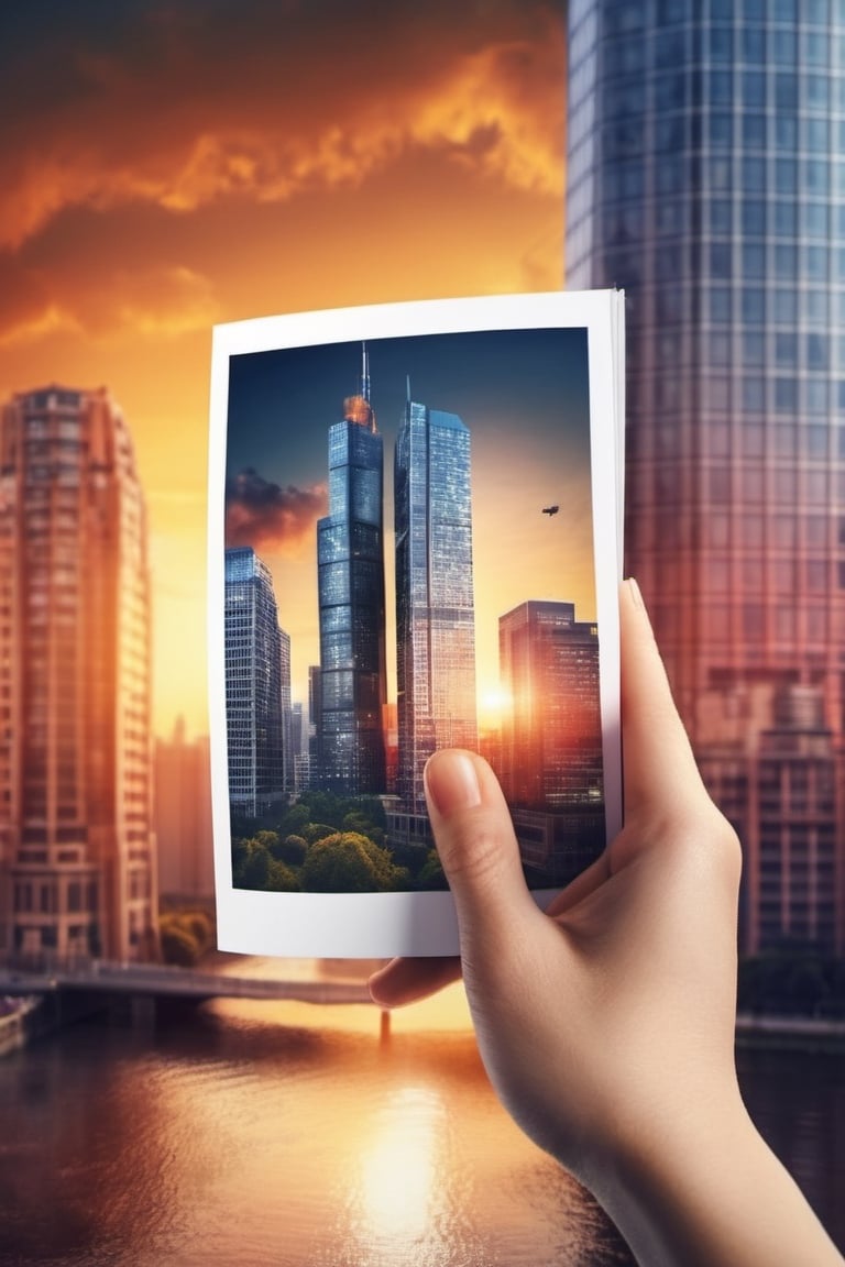 (women's hand, Holding a photo, the photo shows urban scenery, cityscape, city, scenery, building, sky, skyscraper, outdoors, sunset, watermark, science fiction, real world location, Megacity), Detailed Textures, high quality, high resolution, high Accuracy, realism, color correction, Proper lighting settings, harmonious composition, Behance works,photo r3al