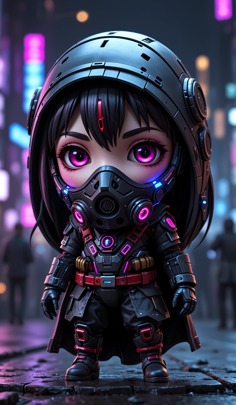 Generate images of chibi characters wearing cyberpunk masks with a futuristic fantasy theme. Images should be highly intricate, elegant, and visually striking, resembling digital paintings. Concept art should be highly detailed and flaunt beauty. Artwork will be created by highly skilled artists known for their compelling, high-quality models. Character designs will be created by Pascal Blanche Rutkowski, known for his hyper-realism. Images should be of the highest quality with cinematic lighting and 16k resolution. Great attention to symmetry will be used to make the characters mysterious and alluring. Artwork should be a masterpiece that displays total perfection and incredible attention to detail, including macro details, voluminous light, realistic reflections on surfaces, and ultra-detailed textures. Utilize cinematic effects to enhance the overall visual impact. For best quality, images should be UHD and sharply focused.
