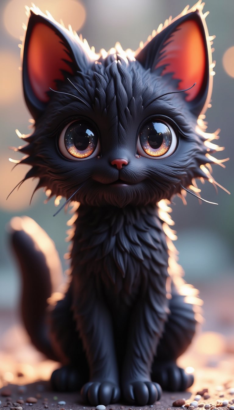 Super KAWAII Super cute black cat bobblehead figurine, super fluffy and deformed, featuring big sparkly eyes, a soft dreamy background and studio lighting, VNS_added details,cool_Anime,create figure 2