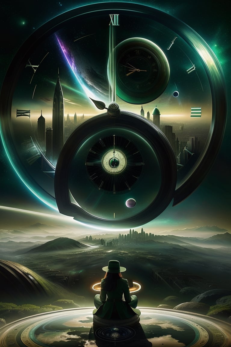 (masterpiece),best quality,highres,stunning art,beautifully painted,colorful,(rim light:1.2),4K wallpapper,fantasy,(panorama),(huge circular flowing round_ramed_clock background),through space,(huge circular flowing transparent hollow round_ramed_clock  on top:1.3),complete round_ramed_clock,(((circular surround floating cityscape landscape))),solo,1girl,slim,sitting_invisible_chair,gentle smile,(black thighhighs),long black hair,blunt bangs, green eyes,(khaki fedora), khaki coat,long light-green dress, light-greenshoes,space background,starry_sky,galaxy,red moon,wrench_elven_arch,xyzabcplanets,Matrix