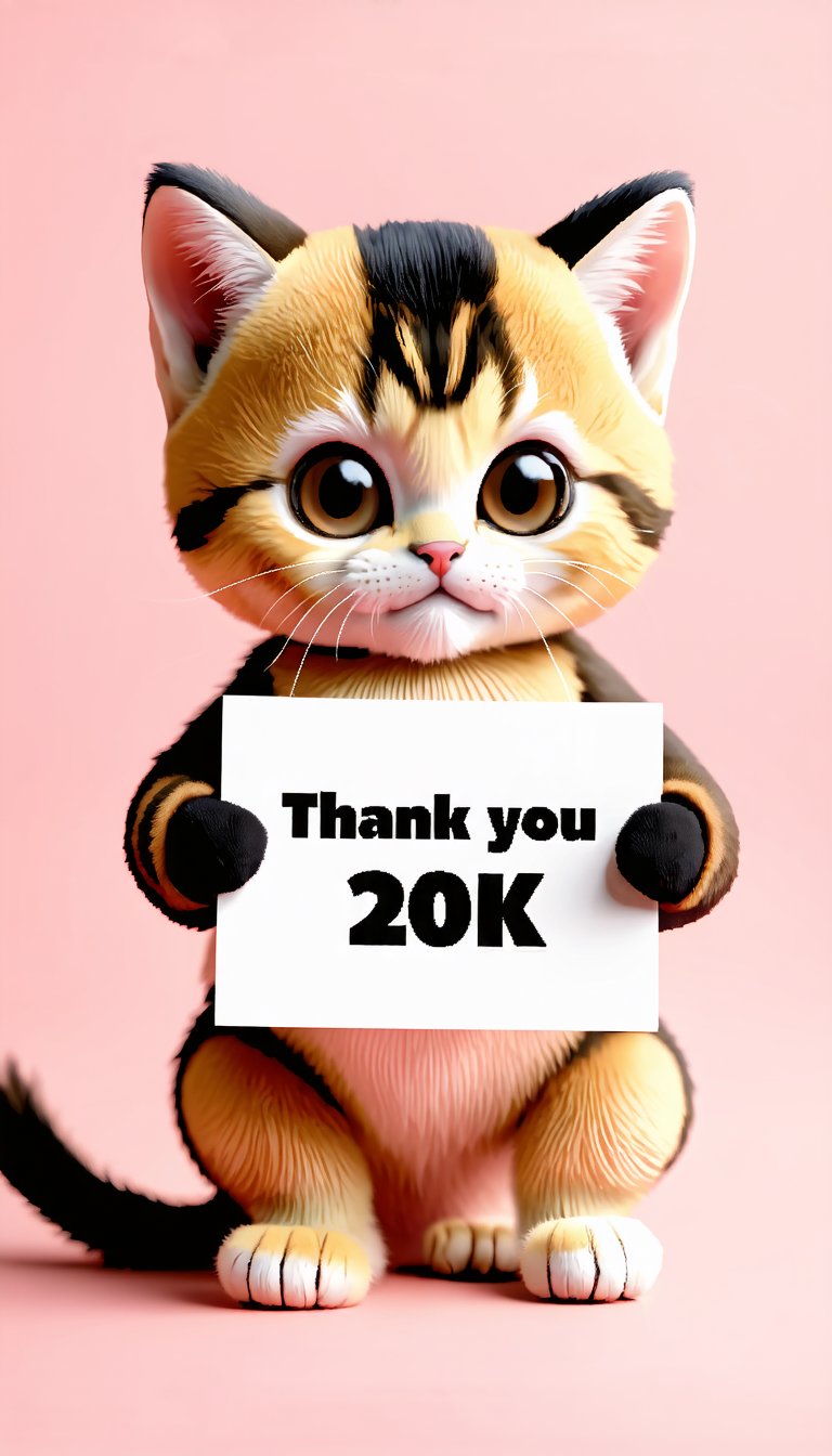 (A very cute kitten. In both hands, he is holding a big sign that says "Thank you 20k♥". The background is cute with light tones in the style of Mark Ryden), detailed texture, high quality, high resolution, high precision, realism, color correction, proper lighting settings, harmonious composition, Behance work, text, text is ""