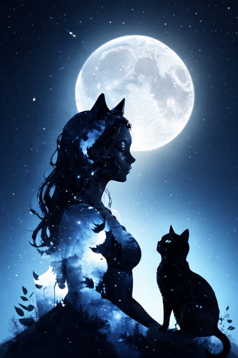 (Double exposure, beautifully designed goddess silhouette and moonlit night and cat, minimalist, crisp lines, awesome full color,Enhanced All), Detailed Textures, high quality, high resolution, high Accuracy, realism, color correction, Proper lighting settings, harmonious composition, Behance works