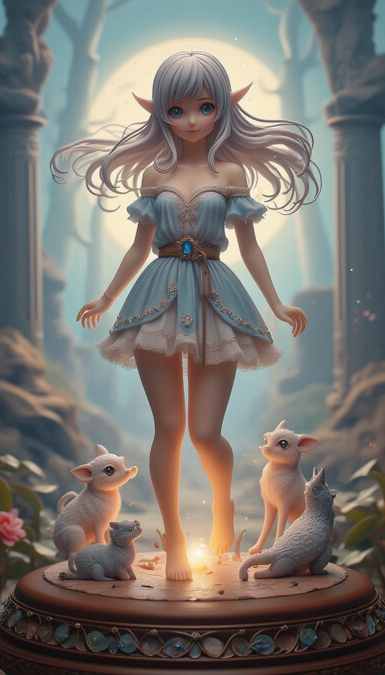 Realistic, ultra-high definition figure diorama. In a fantastical forest, soft moonlight shines through the trees, creating a mysterious misty scene. In the center stands a beautiful elf-like woman, her long silver hair swaying in the wind, her shining eyes shining like a starry sky. Her outfit is an elegant dress decorated with delicate lace and jewels, which magically reflects the light. Around her, fantastical creatures gather to protect her. Ancient ruins can be seen in the background, from which a mysterious light is emitted. The colors are soft overall, and the pastel shades emphasize the fantastical atmosphere.,create figure 2