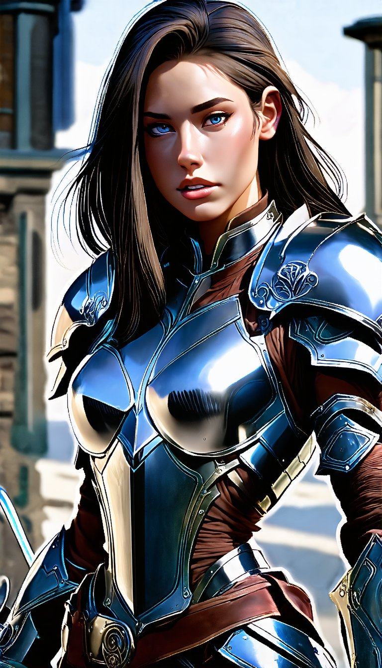 (With the theme of "infinite", draw powerful battle scenes, amazingly beautiful female warriors, precise and neat faces, silver armor, and backgrounds that match the characters), Detailed Textures, high quality, high resolution, high Accuracy, realism, color correction, Proper lighting settings, harmonious composition, Behance works,kmgirl1