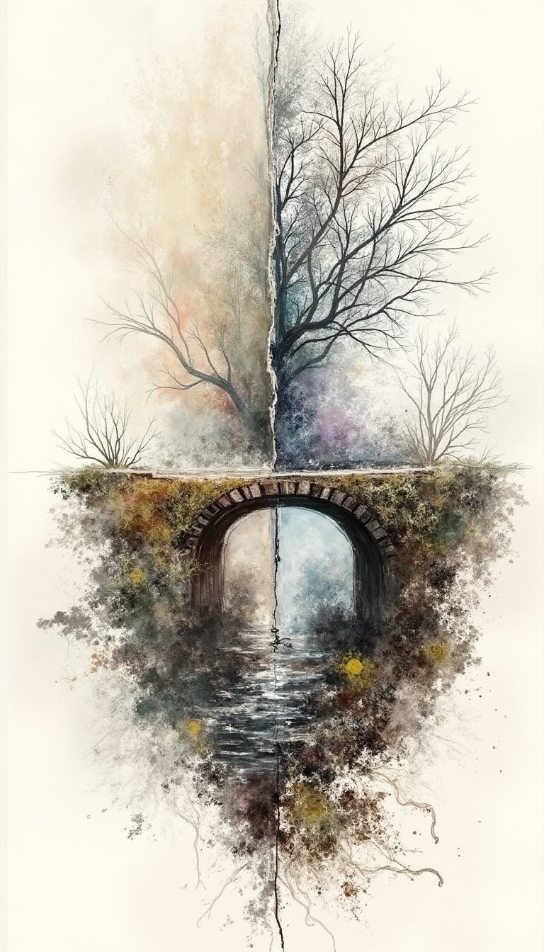 The artwork presents a dichotomy of good and evil through a sketch that is bifurcated into two distinct sections. An abstract representation of an old stone bridge serves as the focal point, symbolizing contemplation and the philosophical musings of lo-fi aesthetics. The design is characterized by muted colors and a softness that belies the extraordinary attention to detail. With a sharp focus reminiscent of studio photography, the intricate details are highly detailed, reflecting the trending styles found on art platforms like ArtStation, visionary art style