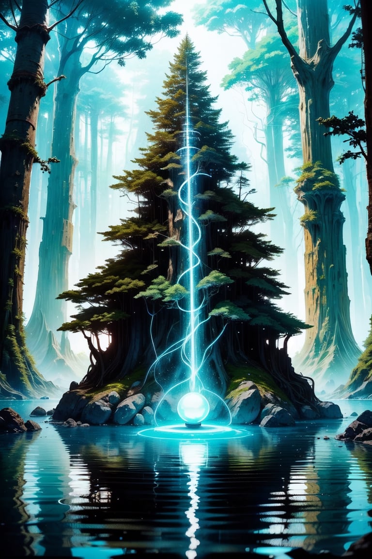 (🌲🌲Mystical, Yakushima, Japan, primeval Yaku cedar forest, 🌲Deep in the forest, mysterious small pond, blue-white glowing sphere of light floating in the air, 🤩🌲Ghibli style, masterpiece one-shot, 🤩amazingly beautiful photos 🤩), Unity, Unreal Engine, High Technology, Octane Rendering, Super High Quality, Super High Resolution, Super High Quality, Super Realistic, Color Correction, Good Lighting Settings, Good Composition, Very Low Noise, Sharp Edges, Harmony Great composition, accurate and detailed drawing, masterpiece, award-winning photo, StackedCityAI