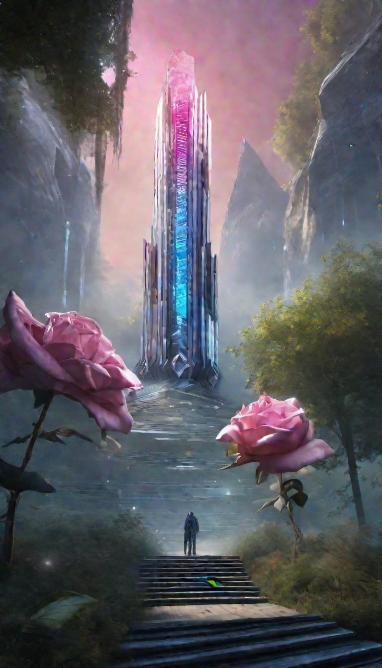 (Very tall building in the middle of the forest, Penrose staircase, glass and crystal are the materials, Juno promotional image, key is in the center of the image, maze, black house, lucid dream series, highly detailed subtractive lighting, Shambala, Puzzle, Lossless, Lived), Detailed Textures, high quality, high resolution, high Accuracy, realism, color correction, Proper lighting settings, harmonious composition, Behance works, DonMR0s30rd3rXL ,Pedestrian Signals,rose,knight,cyborg