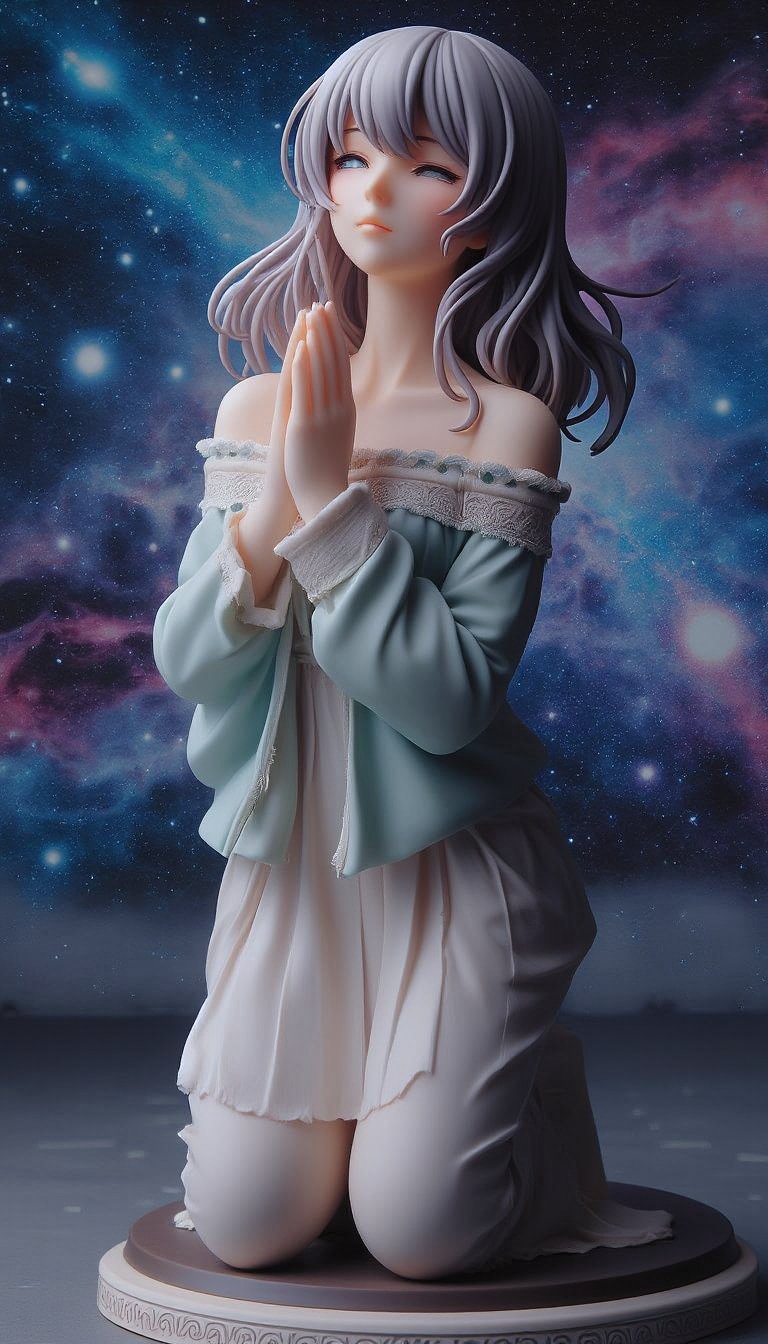 Dedicated to Reiji Matsumoto. A mysterious woman with a thin face, long, beautiful eyes and very long eyelashes. The woman has supple and surprisingly long silver hair, and is quietly closing her eyes, kneeling, looking up at the sky, and praying to the stars with her hands clasped in front of her chest. The background of the nebula and galaxy makes the mysterious woman in an off-the-shoulder long dress even more mysterious.,create figure 2