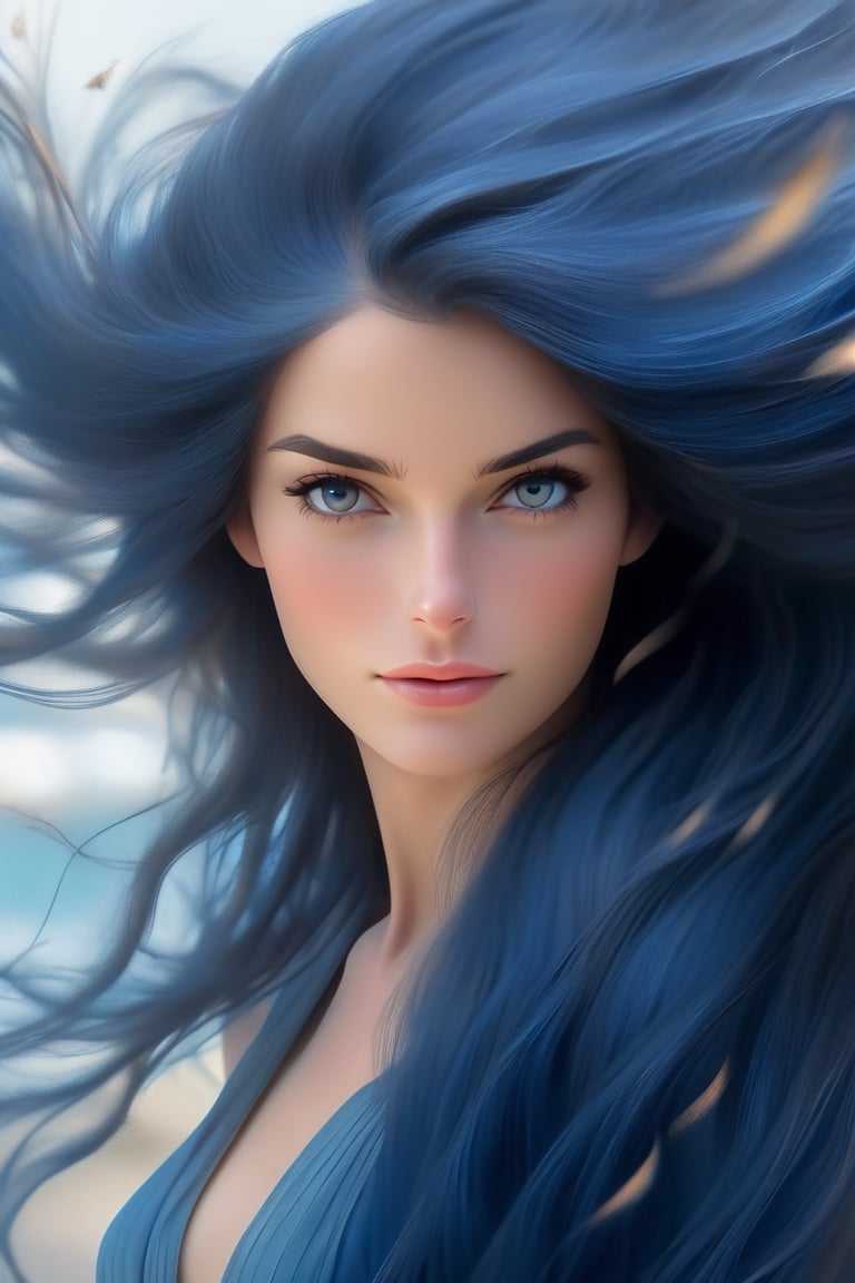 (Stunningly beautiful woman, dark blue soft long hair, flexible waist, gentle breeze), (photorealistic:1.4), detailed texture, high quality, high resolution, high precision, realism, color Correction, proper lighting settings, harmonious composition, Behance work