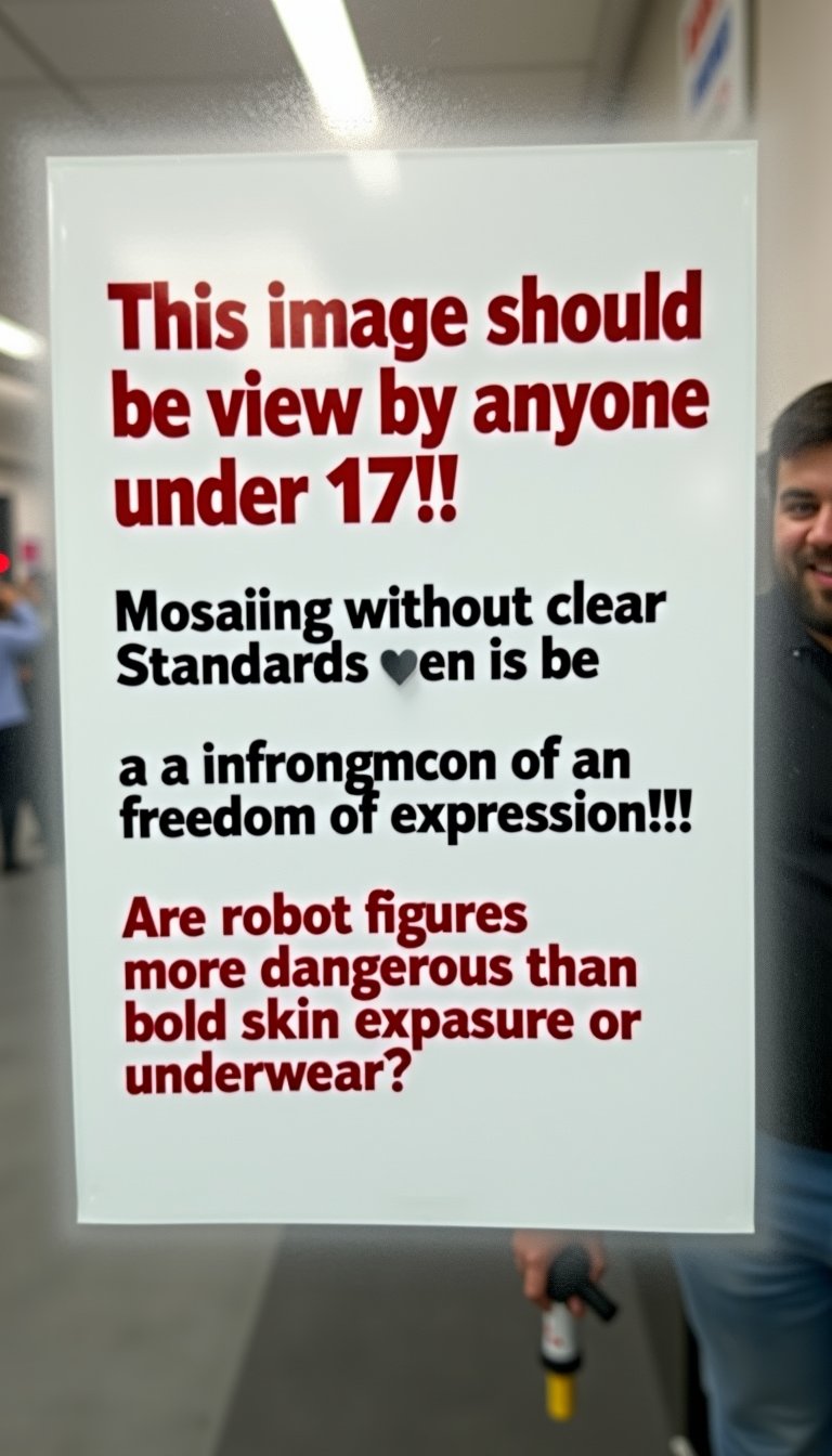 The signboard can be seen behind the frosted glass. A little above the center of the sign, in somewhat large red letters, it says, "This image should not be viewed by anyone under 17!".
Below that, in black letters, it says, "Mosaicing without clear standards is an infringement of freedom of expression!!"
Below that, in even more red letters, it says, "Are robot figures more dangerous than bold skin exposure or underwear?" The sign is blurred through the frosted glass.