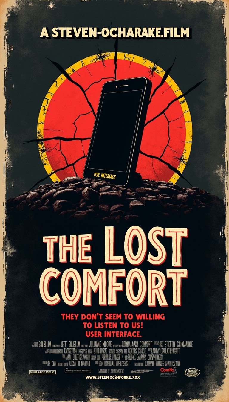 A parody of the movie poster "The Lost World: Jurassic Park" with a worn texture and a circular emblem in the center. The emblem features a bold worn red circle with a cracked texture and yellow outline, containing within it a cracked computer display, a black silhouette of a tilted smartphone. The display structure is rendered in a finely worn style with a zigzag outline, on a rough textured background. Below the emblem, the title "THE LOST COMFORT" is prominently displayed in large, bold white capital letters, with a worn texture with a yellow outline and black shadow. Below that, "USER INTERFACE" is written in smaller letters that match the style and color. Below the main title, the tagline "They don't seem to be willing to listen to us!" is placed in three separate lines in bold red capital letters, with a worn texture and a sinister atmosphere. At the top center, the text "A STEVEN OCHARAKE FILM" appears in small white capital letters. The background is a dark charcoal grey with a subtle grunge texture reminiscent of worn leather and stone that enhances the eerie atmosphere. Various production credits are listed in small white capital letters at the bottom of the poster, including Jeff Goldblum, Julianne Moore, and Pete Postlethwaite. The website "www.lost-comfort.xxx" also appears in white at the bottom. The overall color palette is high contrast and low brightness, consisting of black, red, yellow, and white. The poster features a vintage style with a gritty, adventurous feel that accentuates the suspenseful theme of the film.