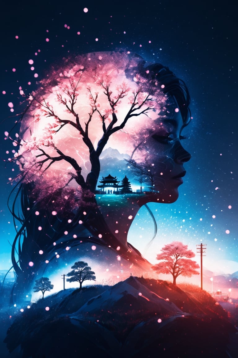 (Double exposure, beautifully designed goddess silhouette and grassland and Cherry blossom blizzard and night view, minimalist, crisp lines, awesome full color,Enhanced All), Detailed Textures, high quality, high resolution, high Accuracy, realism, color correction, Proper lighting settings, harmonious composition, Behance works