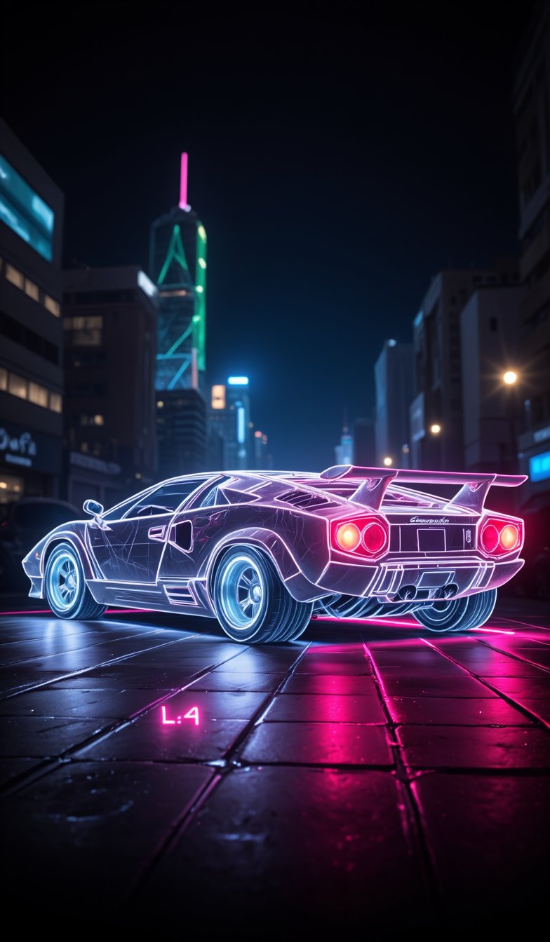 The silhouette of the Lamborghini Countach is rendered in neon, with only the outline of the silhouette expressed. The colorless body is illuminated with neon tube lights, shining brightly with a neon intensity of 1.4, with the city night view as the background.,hologram