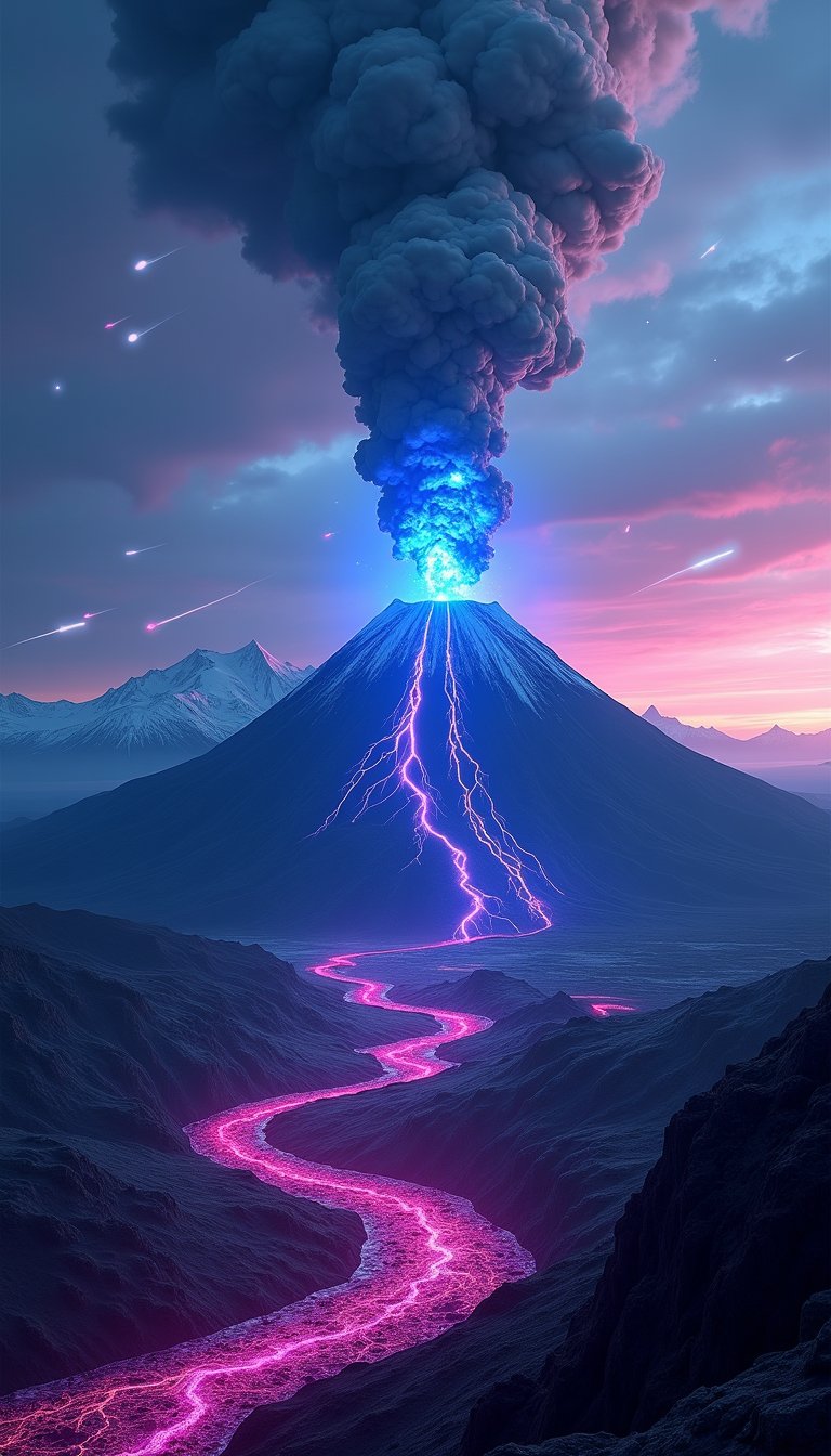 A highly dynamic digital artwork depicting a violent volcanic eruption at dusk. The central focal point is a large dark-colored volcano that occupies the top center of the image, with a huge plume of thick grey smoke rising straight into the sky. Bright, neon-like lava streams pour down from the slopes of the volcano in electric blue and purple hues, creating lightning-like patterns across the landscape. These glowing streams light up the surroundings, creating a mesmerizing contrast against the dark volcanic landscape. A bright blue and white plume of ash and gas also rises from the top of the volcano, adding to the dramatic effect. In the foreground, glowing blue and purple lava flows over the rocky terrain, illuminating the dark rocks and creating intricate patterns on the ground. The background depicts a vast, serene landscape with a high mountain range in the distance, with its snow-capped peaks glowing faintly under the twilight sky. The sky changes from a deep blue at the top to a warmer gradient near the horizon, with purple and pink hues reminiscent of dusk or dawn. The scene is accentuated by multiple streaks of light that appear to be meteors or shooting stars, creating a dramatic atmosphere. The overall composition is vertical, high contrast and vibrant in colour, creating a powerful and visually striking scene that captures the raw energy and beauty of nature's ferocity in a surreal and evocative landscape.