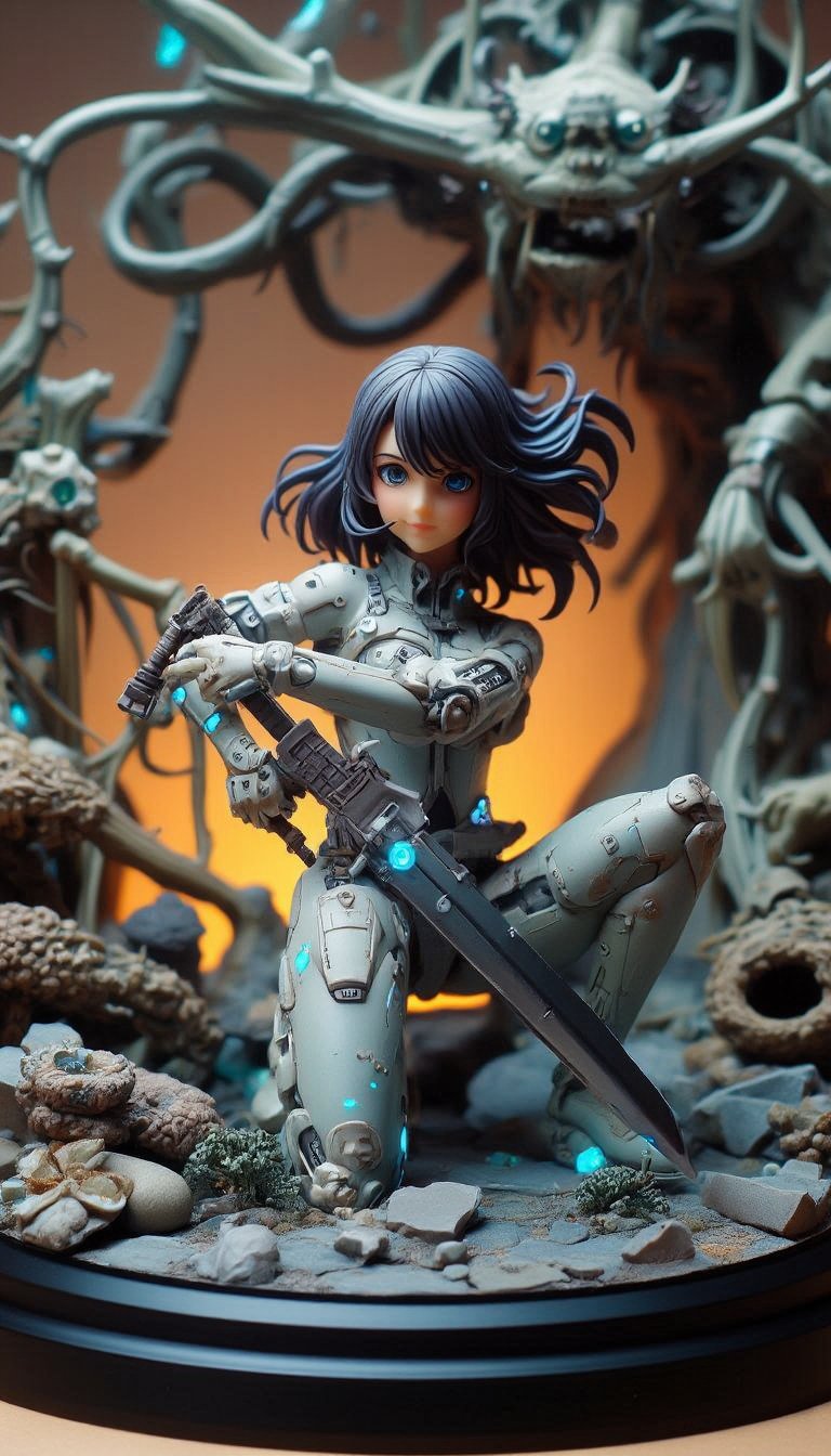 Highly detailed figure, Futuristic scene featuring a young female warrior, kneeling in a dynamic pose. She is dressed in a sleek, form-fitting bodysuit that combines metallic armor elements with futuristic fabric. The suit has a light, reflective material with glowing blue lights, especially on the shoulders and waist, giving off a high-tech vibe. Her long black hair flows dramatically behind her, emphasizing motion as she appears to have just landed or is preparing to attack. She wields a large, sharp, black-bladed sword resting on the ground. Her expression is focused and determined, reflecting readiness for battle.
The setting is a biomechanical environment with tangled roots and organic, pulsating textures visible in the background. The area seems to be part of an alien or dystopian structure, blending technology and nature, where rough, organic shapes merge with metallic elements. The lighting is a mix of soft, ambient glows from the environment, highlighting the textures of the surroundings, while a subtle warm light bathes the background. The overall atmosphere is tense, as if preparing for an intense confrontation or battle.,create figure 2