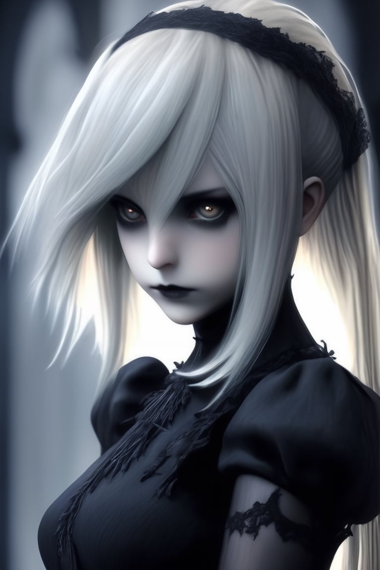 1girl, solo, long hair, bangs, blonde hair, dress, upper body, black eyes, grey eyes,goth person,,yorha2b