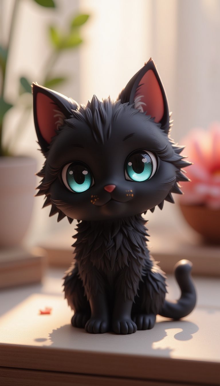 Super KAWAII Super cute black cat bobblehead figurine, super fluffy and deformed, featuring big sparkly eyes, a soft dreamy background and studio lighting, VNS_added details,cool_Anime,create figure 2