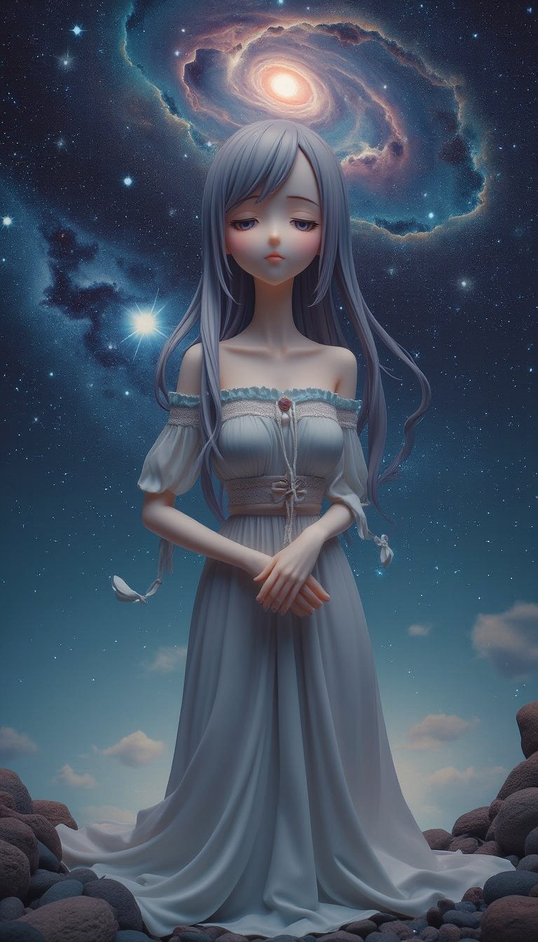 Dedicated to Reiji Matsumoto. A mysterious woman with a thin face, long, beautiful eyes and very long eyelashes. The woman has supple and surprisingly long silver hair, and is quietly closing her eyes, kneeling, looking up at the sky, and praying to the stars with her hands clasped in front of her chest. The background of the nebula and galaxy makes the mysterious woman in an off-the-shoulder long dress even more mysterious.,create figure 2