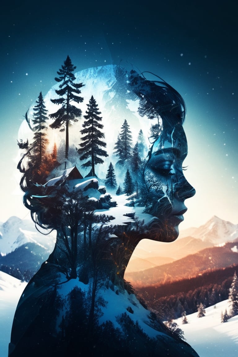 (Double exposure, beautifully designed goddess silhouette and Mysterious forest and snowy scenery, minimalist, crisp lines, awesome full color,Enhanced All), Detailed Textures, high quality, high resolution, high Accuracy, realism, color correction, Proper lighting settings, harmonious composition, Behance works