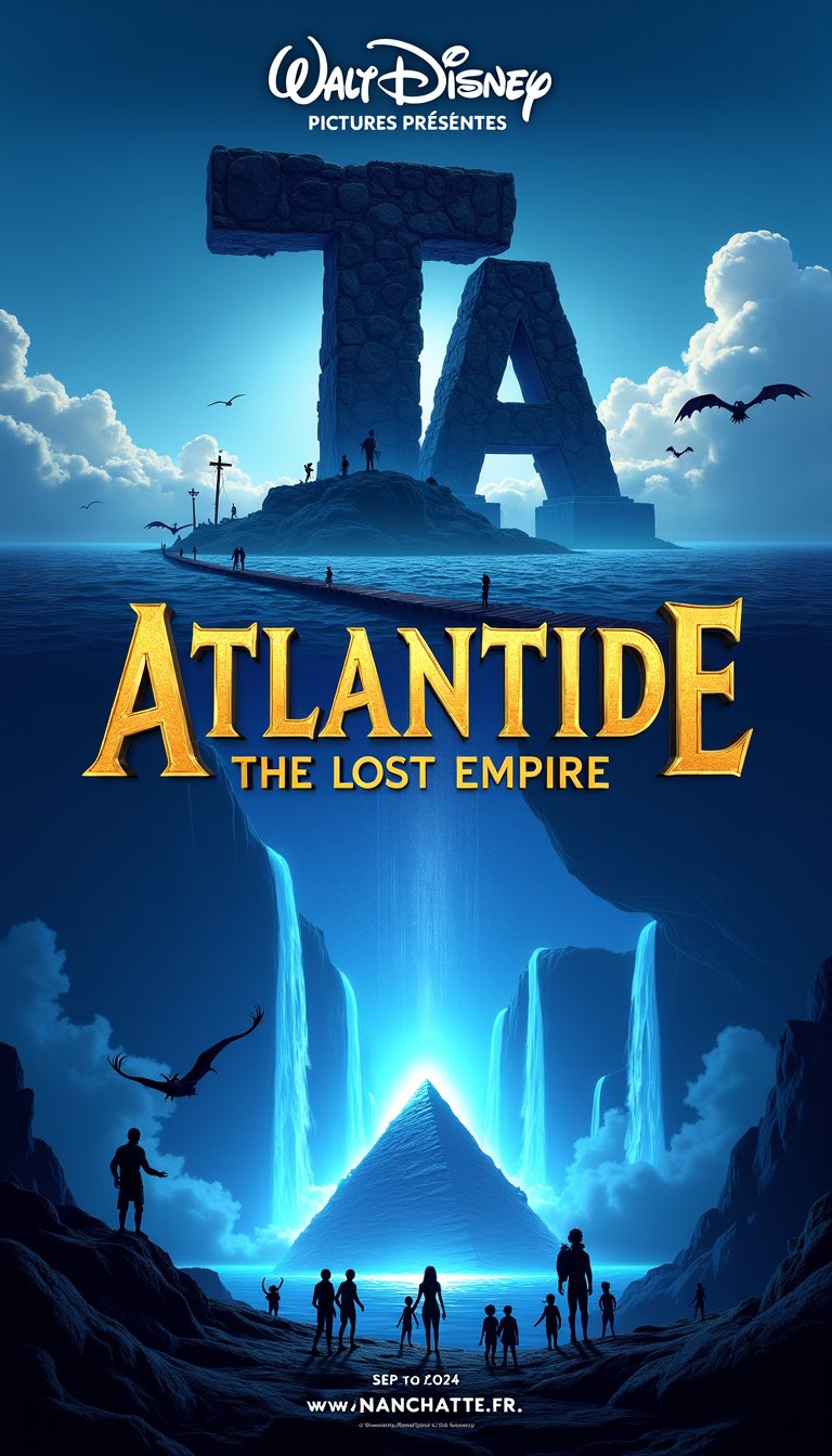 Movie poster for Atlantide: The Lost Empire, a dramatic fantasy-themed animated film from Walt Disney Pictures in the parody series. The top half of the poster depicts a large TA-shaped structure with a vibrant dark blue and electric blue (#1e90ff) texture reminiscent of coral and stone, against a gradient sky that changes from dark blue at the top to light blue at the bottom. The Walt Disney logo appears in white cursive font at the top center, with "Nanchatte PICTURES PRÉSÉNTE" written in small capital letters below it. The main title "LOST INTERFACE" appears prominently centered below the Disney logo in large gold serif letters with a 3D effect and black shadow. Below that, "Lost Comfort" is written in small gold serif letters. The bottom half of the poster depicts a fantastical scene with a large, illuminated pyramid-like structure in the middle of a vast ocean, surrounded by fluffy white clouds. This central island is connected to the land by a wooden pier, and a small figure can be seen near its base. In the foreground, a series of towering blue waterfalls cascading over the edge of a cloud-covered cliff into the sea create an air of mysticism. Dark silhouettes of bird- and bat-like creatures fly around the cliffs. Seven silhouetted characters stand on dark rocks in the lower left, watching the dazzling scene before them. The words "Sep. 2024" and "www.Nanchatte.fr" appear in white serif font at the bottom center, with "Sep. 2024" slightly larger. The overall atmosphere is adventurous and mysterious, with high-contrast, colorful, and even lighting creating an ethereal, otherworldly atmosphere. The color palette includes deep blues, electric blues, gold, white, and black, enhancing the sense of depth and grandeur of this animated scene.