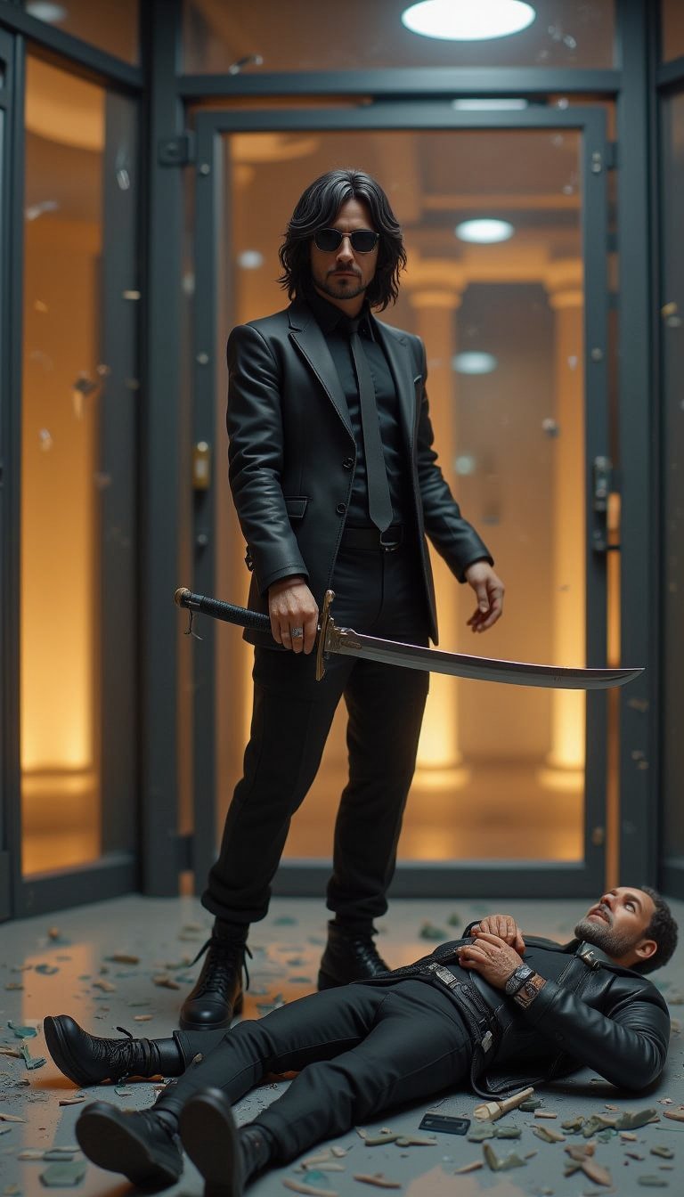 (Figure diorama that adds a cinematic sense of dynamism).Two characters stand out in an intense action scene set in a modern, minimalist interior with reflective glass walls and ceiling beams. The protagonist stands confidently in a sleek black suit consisting of a black jacket, matching trousers, shirt and tie, and black shoes with rugged soles. His shoulder-length dark hair frames his face, he wears slim Rodenstock sunglasses and looks into the camera with a look of stern concentration. In his right hand he holds tightly a curved silver samurai sword with a black handle, held horizontally so the blade reflects the light. His left hand is clasped close to his waist. The floor around him is covered with sharp shards of broken glass, creating an atmosphere of chaos. To the right of the protagonist lies a figure dressed in similarly dark clothing: a black leather jacket over a black shirt, black pants and black boots with rugged soles. The figure is lying on his back, holding a small knife or metal object in his right hand close to his head, and bruises and scratches are visible on his face and neck. His left arm is resting on the ground beside him. In the background is a large mirrored wall with a metal frame through which illuminated structures resembling columns and windows are visible, casting a warm yellow light on the scene. These reflections add depth and complexity to the setting, while also highlighting the high-tech nature of the location. The lighting is mostly dim artificial lighting from overhead, accentuating the dramatic atmosphere of the scene. The overall color palette includes dark slate gray, charcoal black, steel blue, midnight blue and golden yellow, contributing to a tense and suspenseful atmosphere typical of modern action films.,create figure 2,VNS_Add more details