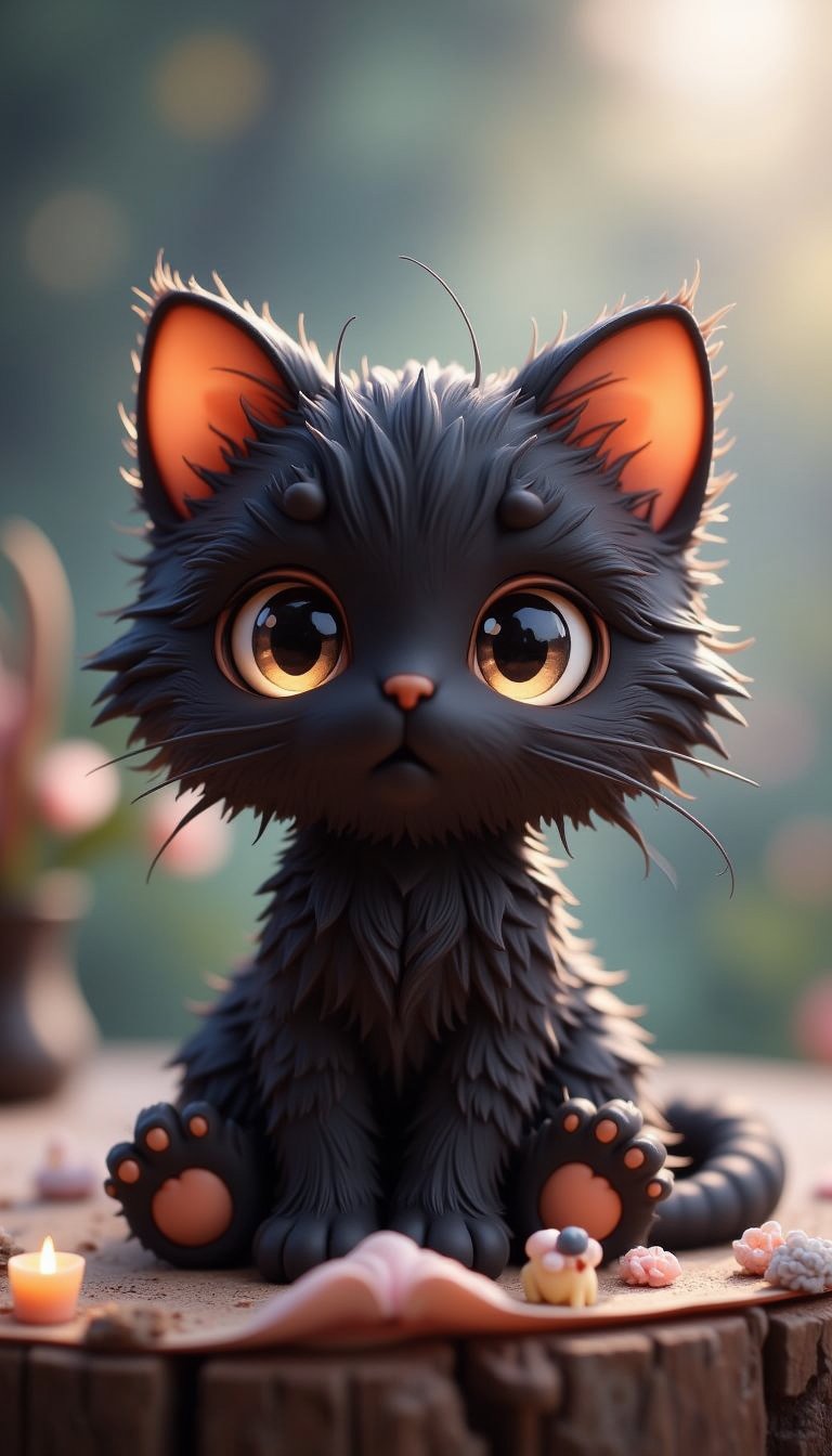 Super KAWAII Super cute black cat bobblehead figurine, super fluffy and deformed, featuring big sparkly eyes, a soft dreamy background and studio lighting, VNS_added details,cool_Anime,create figure 2