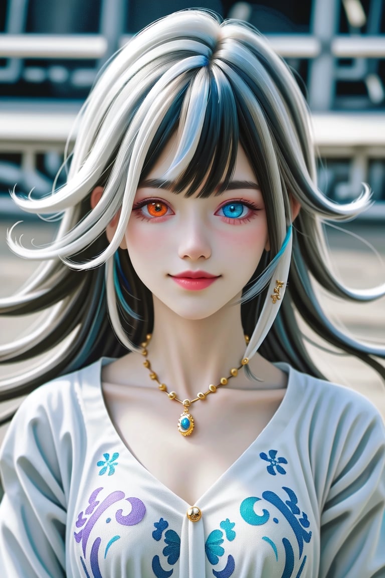 (8k, best quality, masterpiece:1.2),(best realistic quality:1.0), (ultra highres:1.0), RAW photo, a beautiful girl, (heterochromia:1.5), close shot, innocent face, natural make up, beautiful big eyes, deep clear eyes, detailed eyelashes, mesmerizing iris colors, different iris colors, messy hair, shoulder, ,Holy light, sweet smile, smooth lighting,,<lora:659111690174031528:1.0>