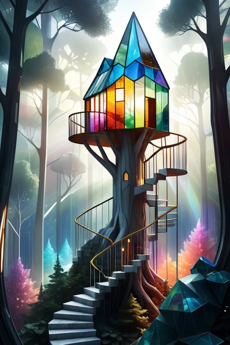 (aerial View of stained glass crystal transparent Treehouses village in a forest. Minimalistic crystal colorful futuristic trehouses architecture art on top trees white crystal marble staircase in every fantasy tree. concept art Surreal. perfect lighting. Digital illustration), Detailed Textures, high quality, high resolution, high Accuracy, realism, color correction, Proper lighting settings, harmonious composition, Behance works