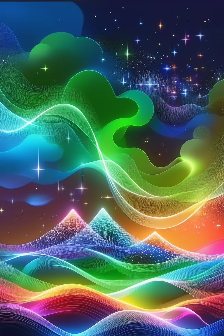 (The night sky, adorned with a mesmerizing cascade of colors from the twinkling dust of shooting stars, presents an epic tableau. The vibrant hues dance over the contours of rolling hills, creating a scene of profound depth and beauty, embodying perfection in the tranquil darkness.), detailed textures, high quality, high resolution, high Accuracy, realism, color correction, Proper lighting settings, harmonious composition, Behance works, minimalist hologram, DonMH010D15pl4yXL, DonMD1g174l4sc3nc10nXL