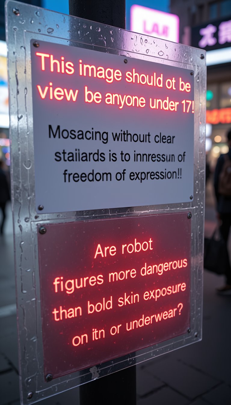 You can see the signboard behind the blurred frosted glass. A little above the center of the sign, in somewhat large red letters, it says "This image should not be viewed by anyone under 17!".
Below that, in black letters, it says "Mosaicing without clear standards is an infringement of freedom of expression!!"
Below that, in even more red letters, it says "Are robot figures more dangerous than bold skin exposure or underwear?",Neon