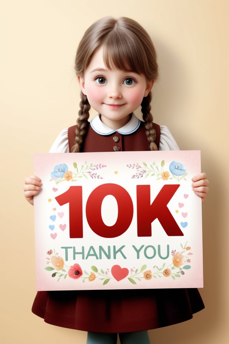 (She's a very cute girl. She's holding a big sign saying "Thank you 10k♥" in both hands. The background is cute in light tones, Beatrix Potter style), detailed texture, high image quality, high resolution, high precision, realism, color correction. , proper lighting settings, harmonious composition, Behance works, text,text as ""