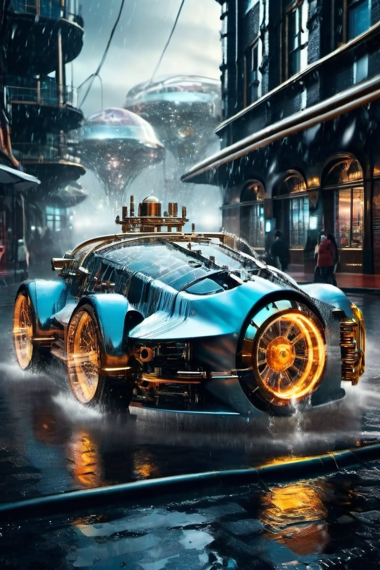 (Cyber steampunk car. aurora headlights. A thin neon line on the car body. The city at dusk. A world-famous design image that defies the laws of physics. Advanced artificial intelligence systems that blur the line between human consciousness and cybernetics. Travel to the end of time and the thermal death of the universe and the collapse of all matter and energy. 3D rendering, cybernetic realism, surreal photography with an isometric center on the cover, and an amazing full-color dark urban atmosphere drenched in rain.), Detailed Textures, high quality, high resolution, high Accuracy, realism, color correction, Proper lighting settings, harmonious composition, Behance works,c_car,science fiction,Concept Cars,DonMSt34mPXL