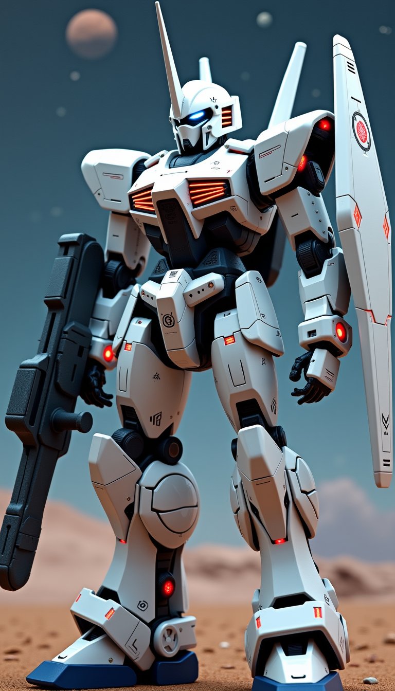 Highly detailed photo of a futuristic robot. It resembles a mobile suit-like humanoid mecha, standing out against the backdrop of a planet in a nebula galaxy. The robot is primarily white with black joints and glowing red accents around the joints throughout its body. The design features sharp lines and angular shapes, emphasizing a rigid structure with visible panel lines and mechanical details. The robot's head is tilted slightly forward, most notably a single long, white, horn-like antenna that extends upwards from the center of the head's forehead. The dark blue eyes are closed and have a concentrated expression. The arms are dynamically positioned. The right arm holds a dark gray sniper rifle-like weapon of intricate design with multiple parts, intricate details, and a long barrel that extends outwards. The left arm is at waist height and holds a large rectangular shield with subtle red patterns and geometric cutouts that match the robot's color scheme. The legs are sturdy and powerful, with thick soles and deep grooves, terminating in blue toe pads. The chest is inscribed with various technological marks and symbols, emphasizing the futuristic aesthetic. The entire robot is constructed from interlocking parts, creating a realistic and functional look. The lighting is even and bright, enhancing texture, color and detail without casting harsh shadows, ensuring every aspect of the robot is clearly visible. The entire composition is entirely focused on the robot, showcasing its advanced technology and combat readiness with a high-sensitivity shooting style.