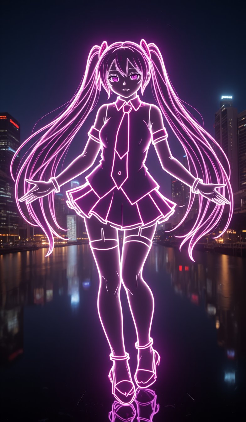 A full-body silhouette, outlined only, in the neon shape of Hatsune Miku's silhouette, colorless body, with only the outline in neon tube light illumination, shining brightly with a neon intensity of 1.4, set against a dancing pose and a Night view of the city background.,hologram